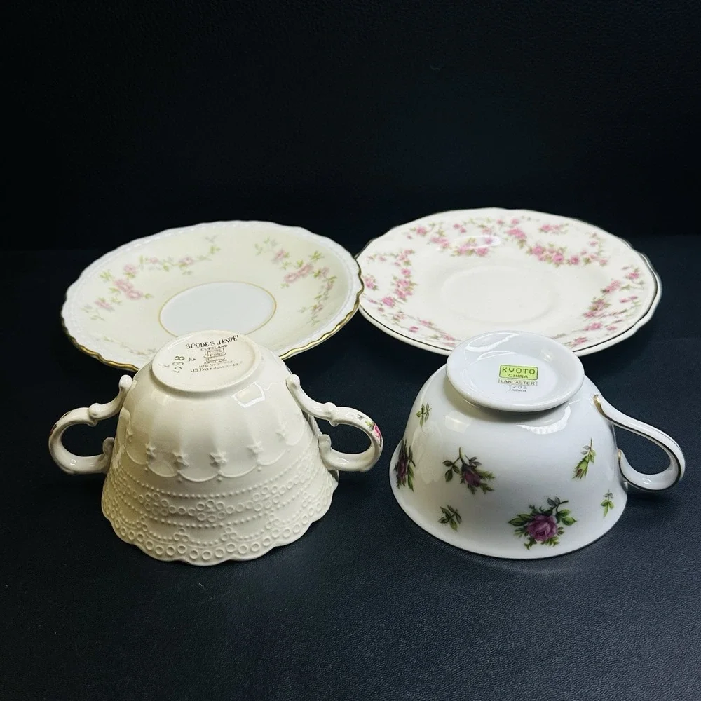 Mismatched‎ Tea Cups & Saucers Set Of 2 Vtg Bone China Pink Roses Green Floral